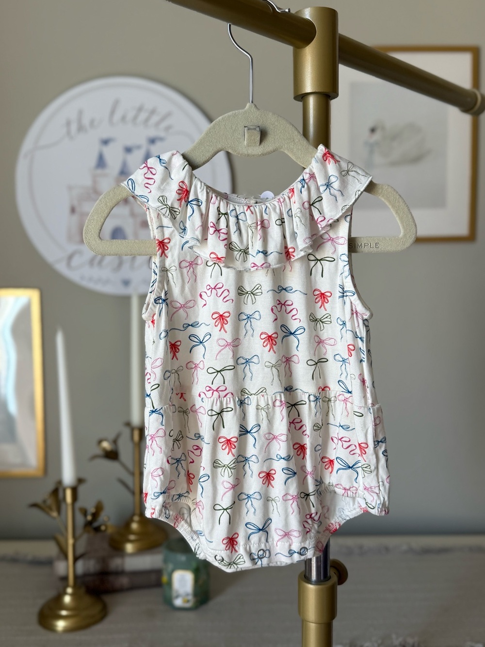 Toddler Ruffle Collar Bow Print Tank Top - White